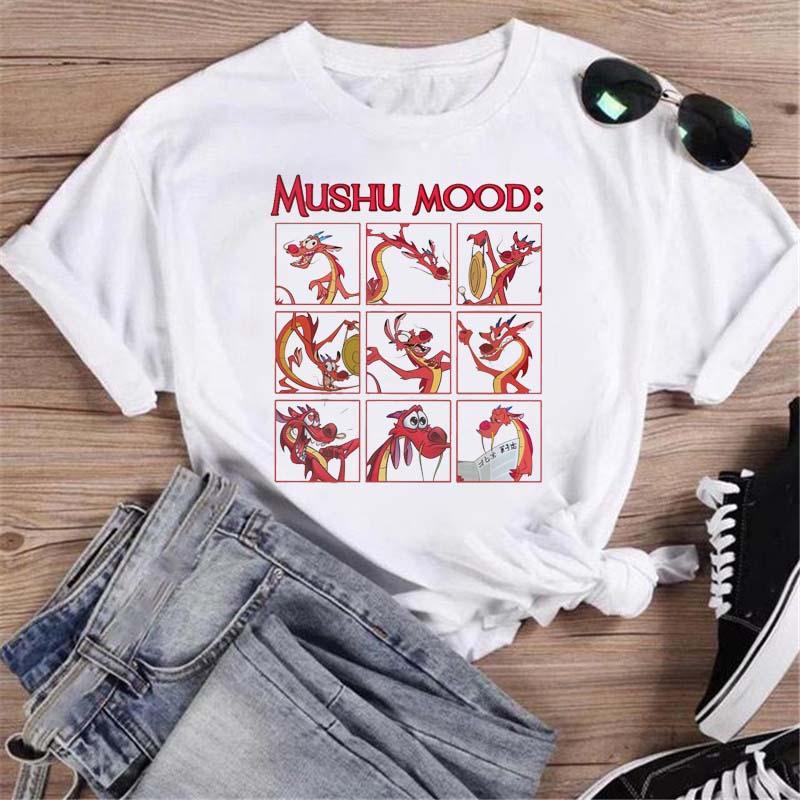 

Fashion Disney Mulan Print T-shirt Women Harajuku Aesthetics Casual Tops Tshirt New Summer Mushu Printed Female T Shirt Tops S