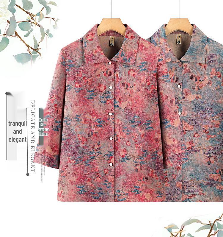 Women's Grandma-Style Two-Piece Set: Three-Quarter Sleeve Top and Pants for Middle-Aged and Elderly, Perfect Summer Outfit