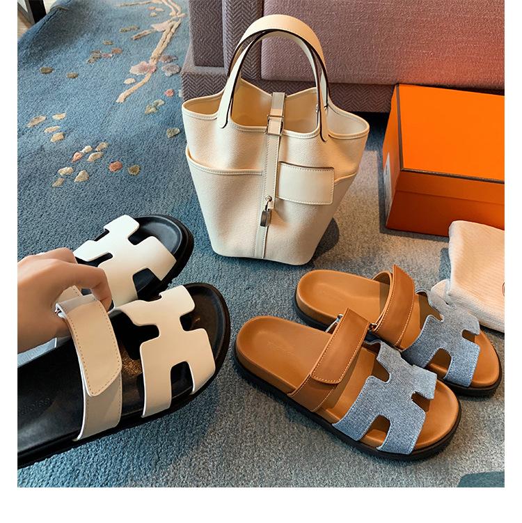 H Slippers Women's Leather Sandals with Thick Bottom New Summer Wear Velcro Soft Open Toe Flat Bottom Mop