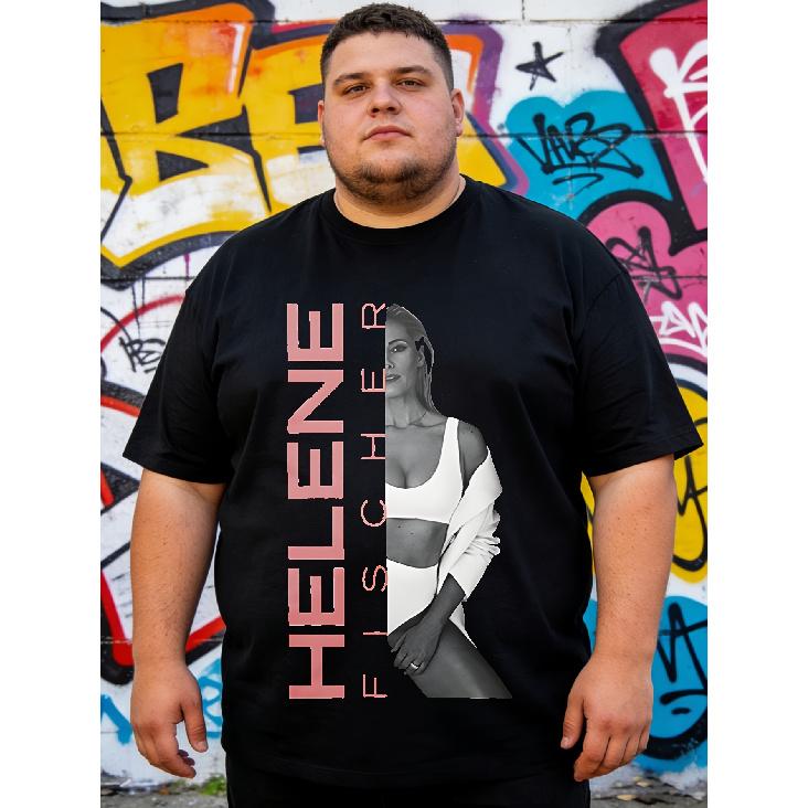 Outdoor Fashion Featuring A Black T-Shirt Adorned With A Portrait And Name Print Of Helene Fischer, Plus Size