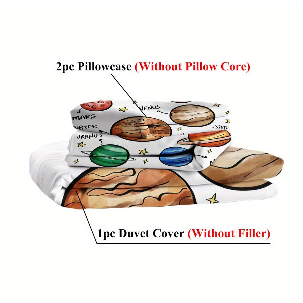 3-Piece Solar System Planets Print Duvet Cover Set - All-Season Polyester Bedding with 1 Comforter Cover and 2 Pillowcases, Mach