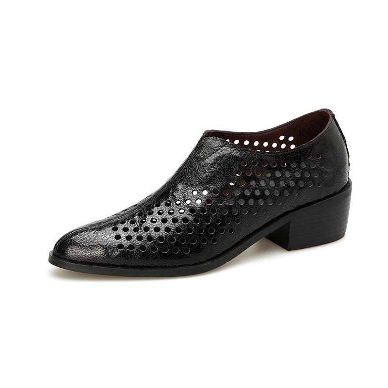 Fashion Women's New Spring and Autumn Vintage Genuine Leather Cowhide Pointed Hollow Hole Comfortable Middle Heel Muller Single Shoes