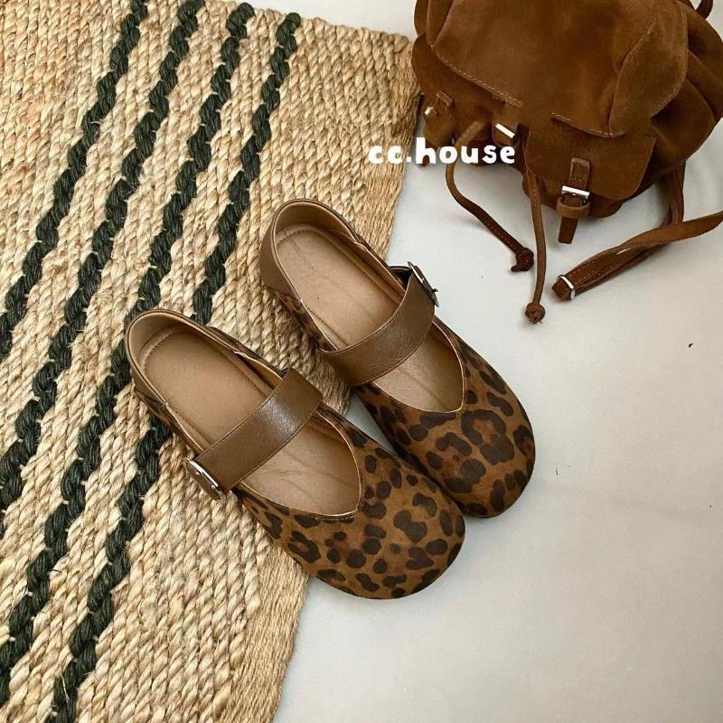 Leopard Print Cashmere Mary Jane Shoes Women's Autumn New Retro Soft-soled Shallow Mouth Single Shoes