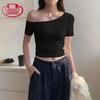 Langsha Women's Slim-Fit Asymmetrical Short Sleeve Crop Top