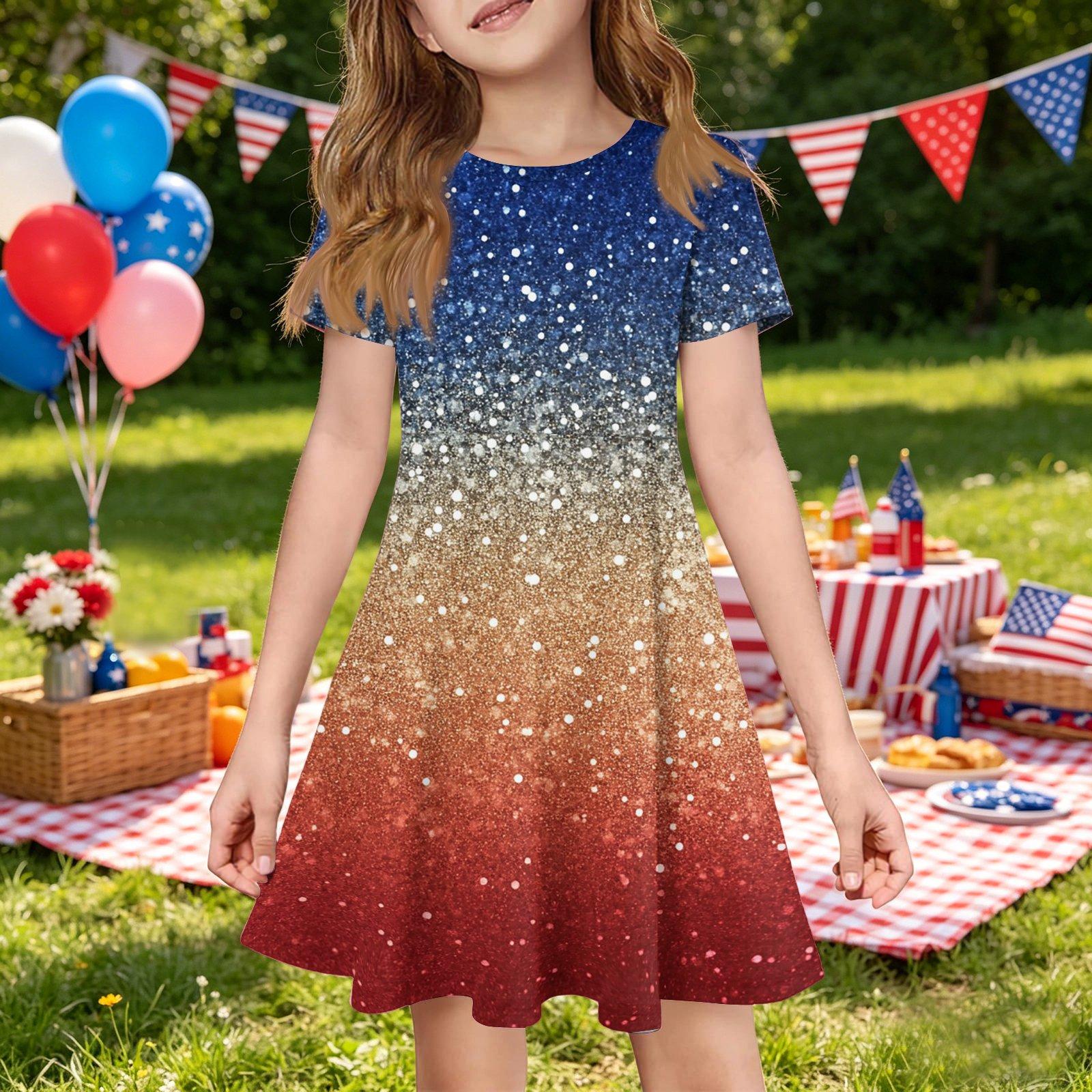 

Girls Short Sleeve Pocket Dress Independence Day Print Casual Summer Dress Soft Fabric Comfortable Fit 120 бежевый