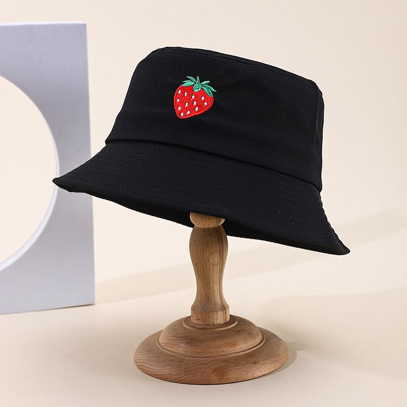 Korean Style Women's Summer Bucket Hat Embroidered Strawberry Casual Foldable Sun Hat for Outdoor Activities