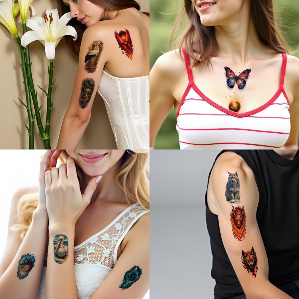 9 Stück Temporäre Tattoos Bunt Realismus Drache Schmetterling Katze für Oberschenkel Männer Arme