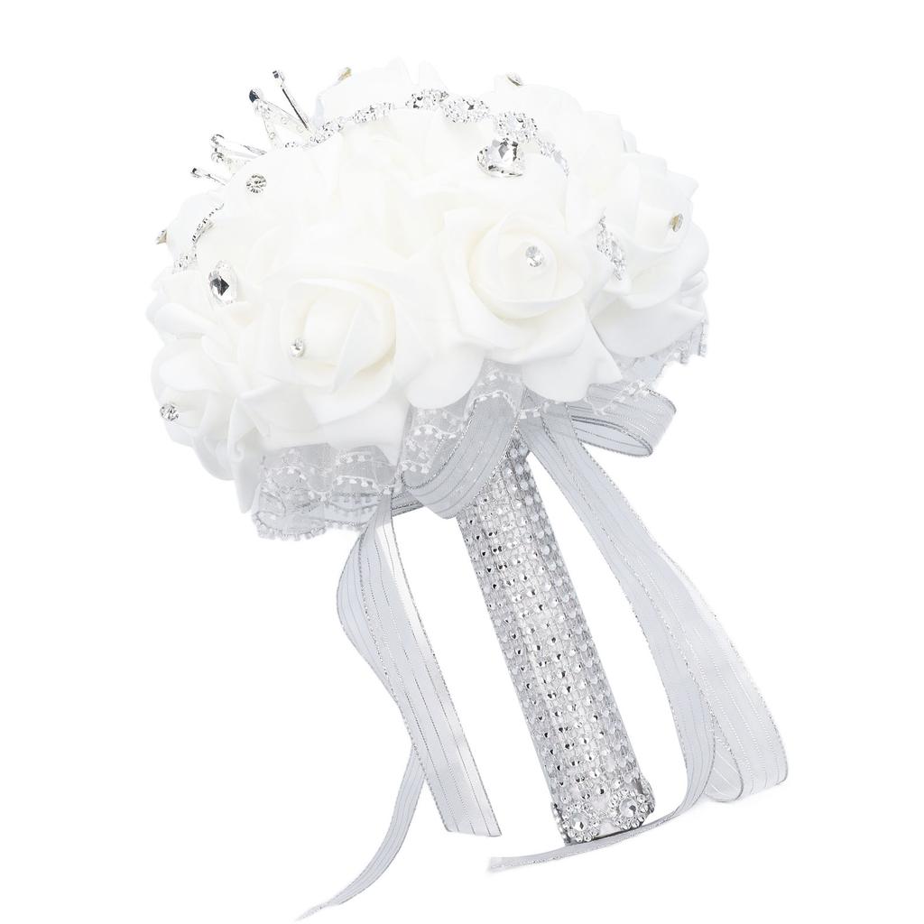 Wedding Bouquet with Crown 10.6 Inch PU Lace Satin Bridal Bridesmaid Artificial Flower Hand Bouquet for Wedding Party