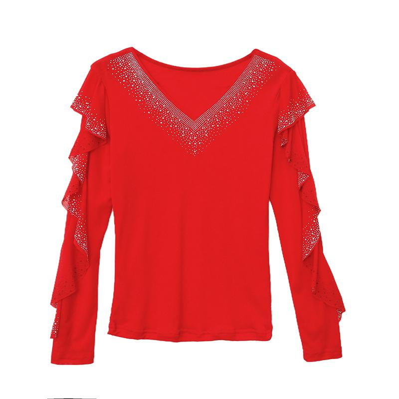 Spring Autumn Women's Ruffles Sleeve T-Shirt Elegant V-neck Tees Slim Ladies Tops With Rhinestone