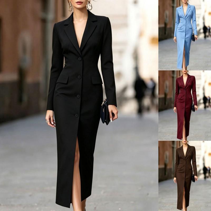 2026 Long Sleeve Blazer Dress Slim Fit Split Hem Single Breasted Office Party Wear Women