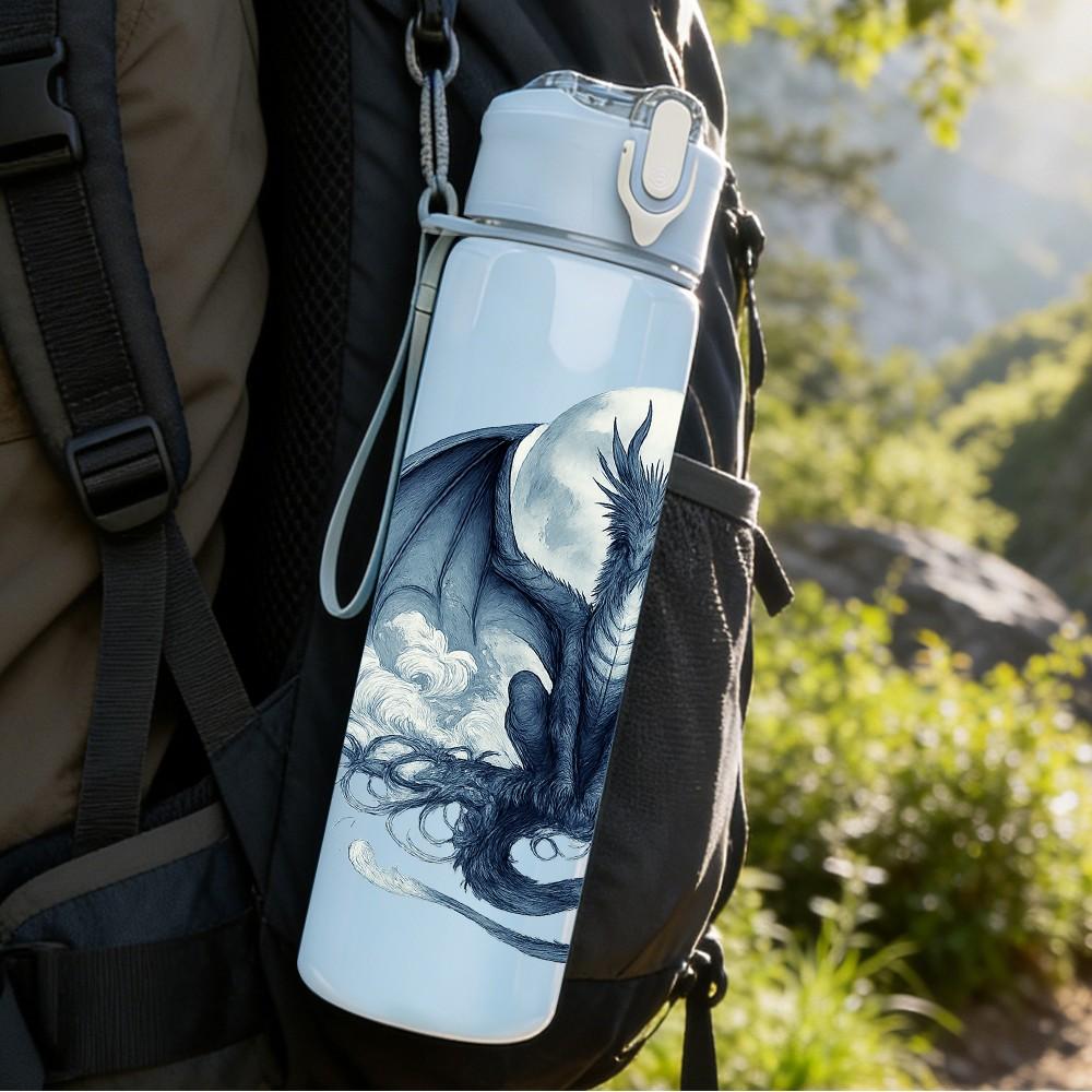 1PC Light Blue Dragon Graphic 750ml Color Plastic Sports Water Bottle Leakproof Flip Straw Lid Suitable for Sports Office Home Use
