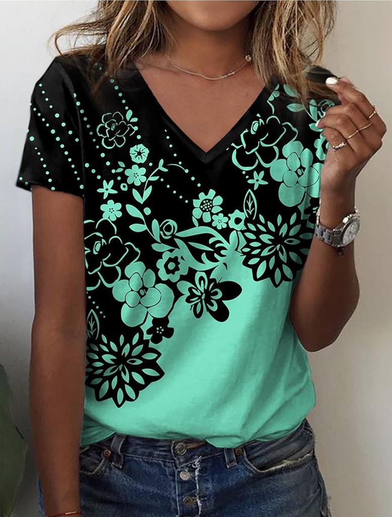 European and American Style Women's Clothing Casual V-neck Short-sleeved T-shirt D Digital Printing Source Wholesale