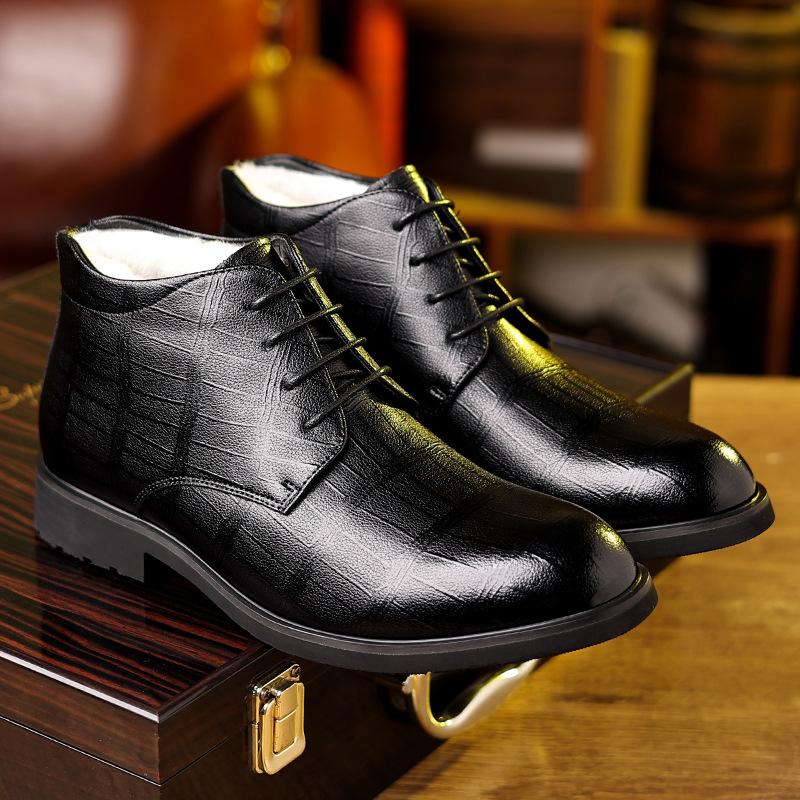 Cotton shoes men's winter velvet formal snow boots British style casual thickened warm high-top lace-up cotton leather shoes