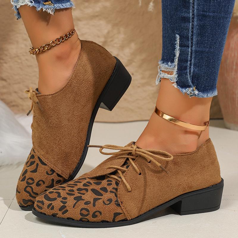 Fashion Vintage Leopard Print Derby Shoes for Women Casual Faux Suede Lace Up Work Shoes Woman Lightweight Comfortable Low Heel Loafers