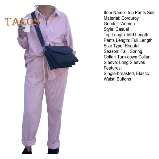 2 Pcs/Set Women Shirt Pants Set Turn-down Collar Single-breasted Long Sleeves Loose Top Drawstring Elastic Waist Wide Leg Trousers Sport Tracksuit