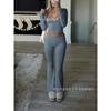 Women's V Neck Long Sleeve Crop Top High Waist Flare Pants 2 Piece Lounge Set