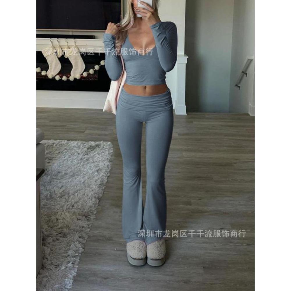 Women's V Neck Long Sleeve Crop Top High Waist Flare Pants 2 Piece Lounge Set