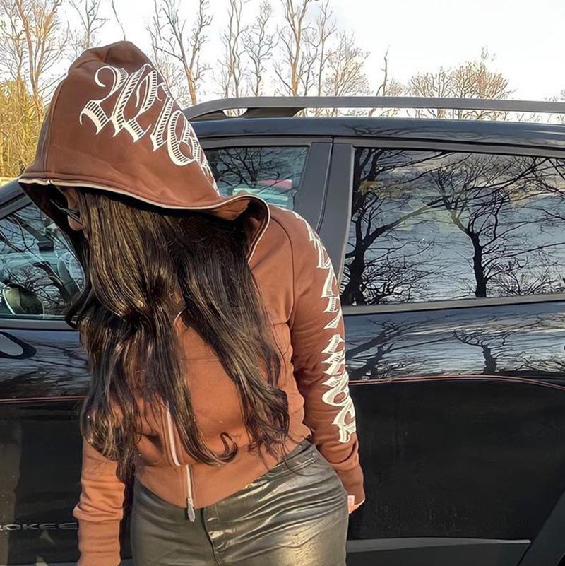 Winter Buchstabenaufdruck Reißverschluss Hoodie Streetwear Damen Cyber Y2k Jacken Strickjacke Gothic Punk Kleidung Sweatshirts