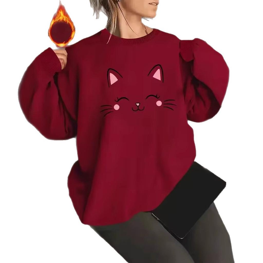 Women Spring Autumn Casual Sports Crewneck Long Sleeve Cat Printed Pullover Hoodies Sweatshirt Top