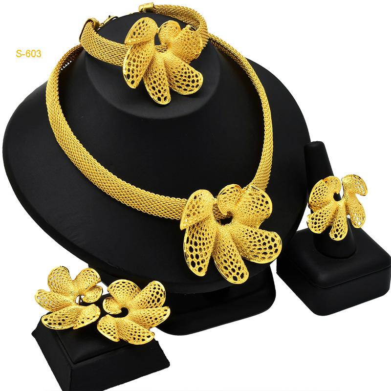 Dubai 24k African Women's Wedding Jewelry Set Bridal Necklace Earrings Bracelet Ring