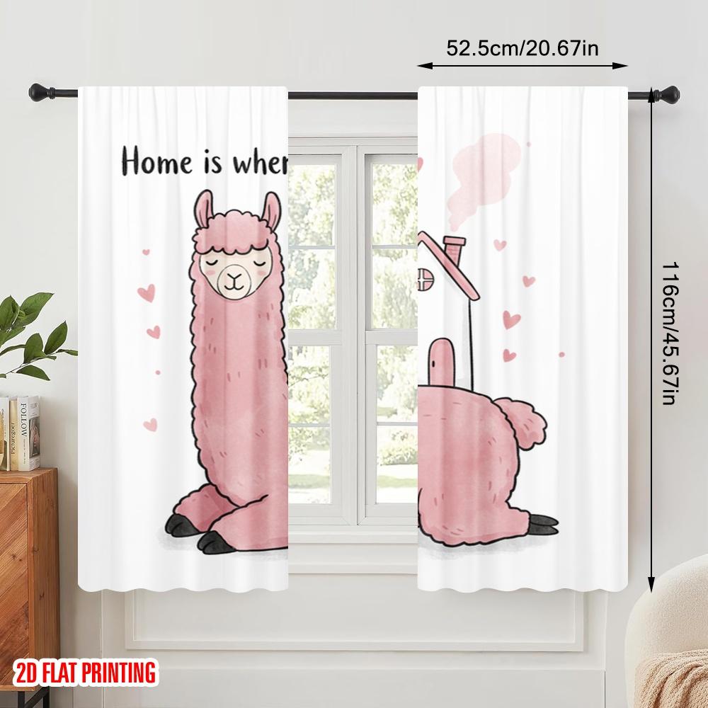 2 Stück 2D Flachdruck Szene Vorhang Lama Haus Herz Stoff Ohne Strom Festliche Wanddeko Perfekt für Feiertagsparty