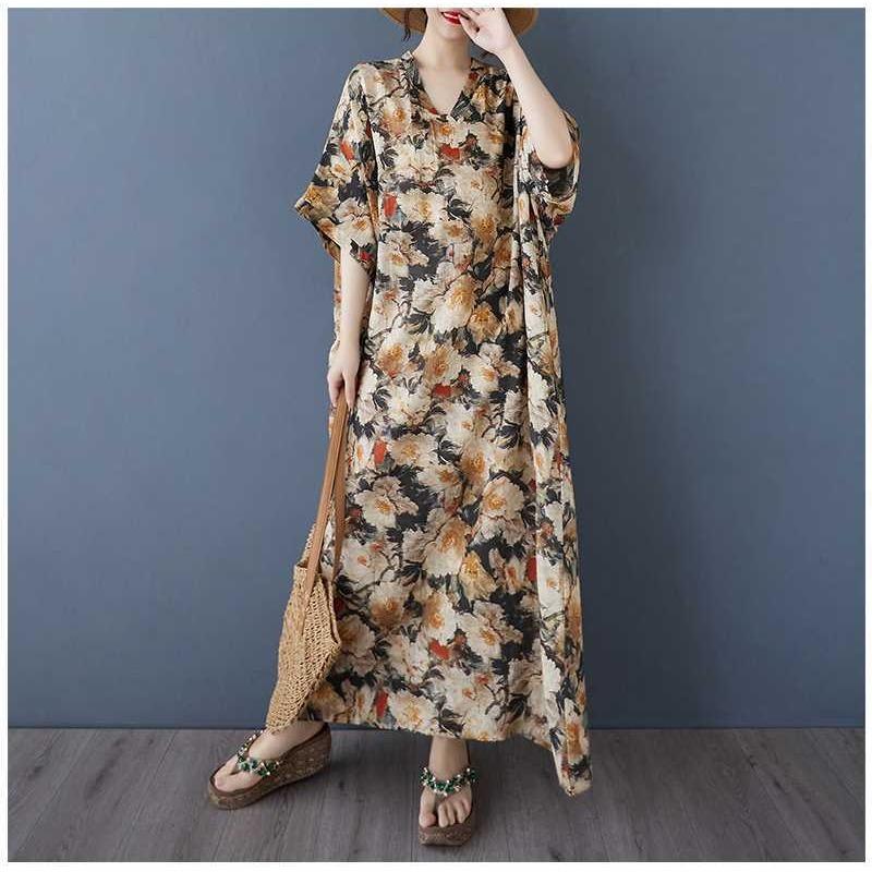 Women's Vintage Long Dress with Cotton and Linen Patterns