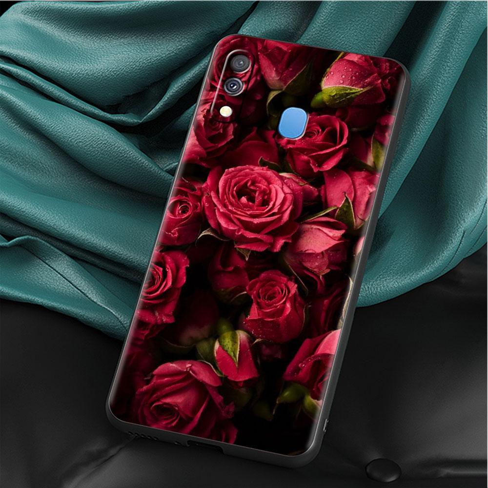 Case For Samsung Galaxy A50 A70 A30 A20s A20e A10 A40 A10s A10e M52 M51 M31 M30s M21 Black Phone Cover Bright Red Rose Flowers