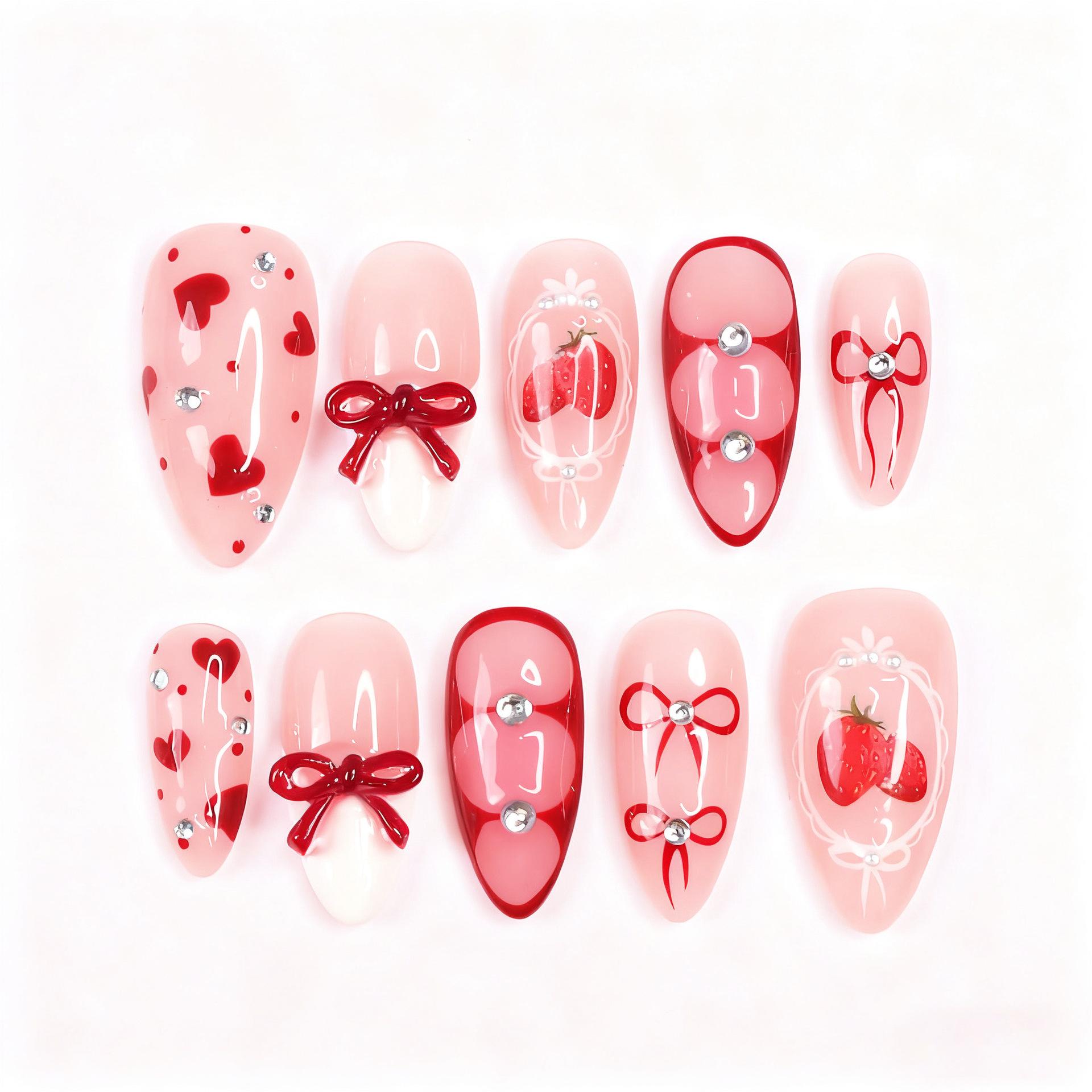 30 pieces Sweet Strawberry Almond Nail Art Handmade Bow Diamond Love Nail Art