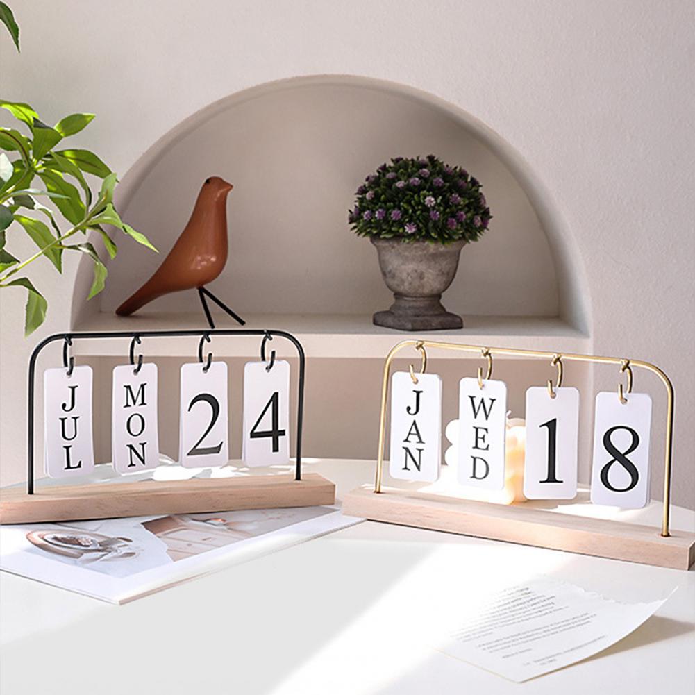 Metal Flip Calendar with Wooden Base Daily Perpetual Desk Calendar Turn Page Month Date Display Standing Desktop Planner