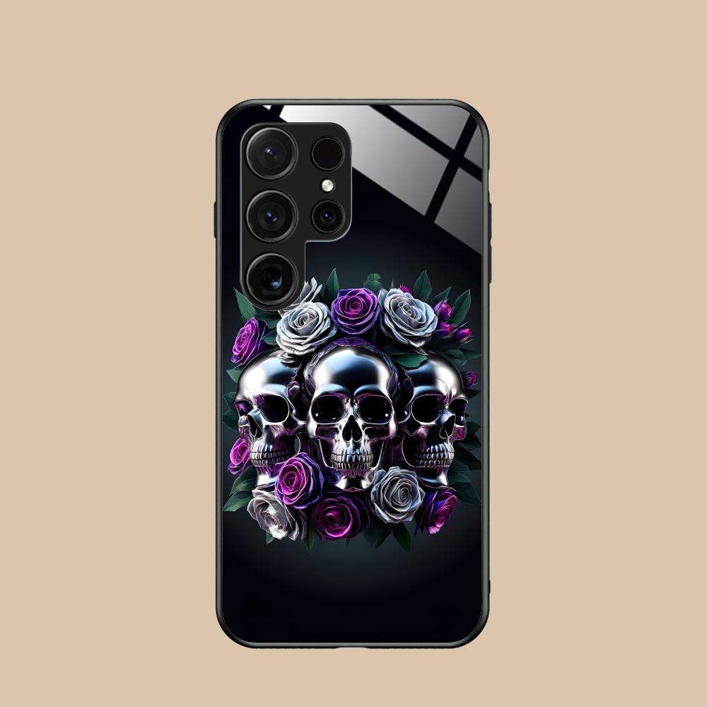 Silberne Totenkopf Glas Handyhülle für Samsung Galaxy S26 S25 S24 S23 S22 S21 S20 Note20 Plus FE Ultra Bunte Abdeckung