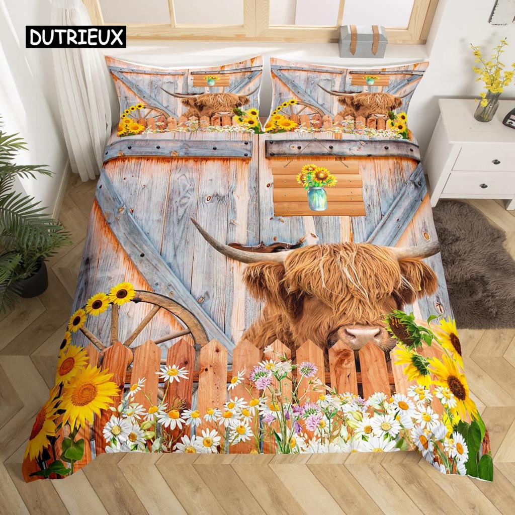 Kuh Bettbezug Set Twin King Size Bauernhoftier Bettwäsche Set Grüner Rankenblätter Druck Bettdeckenbezug Rustikale Holzbrett Steppdecke