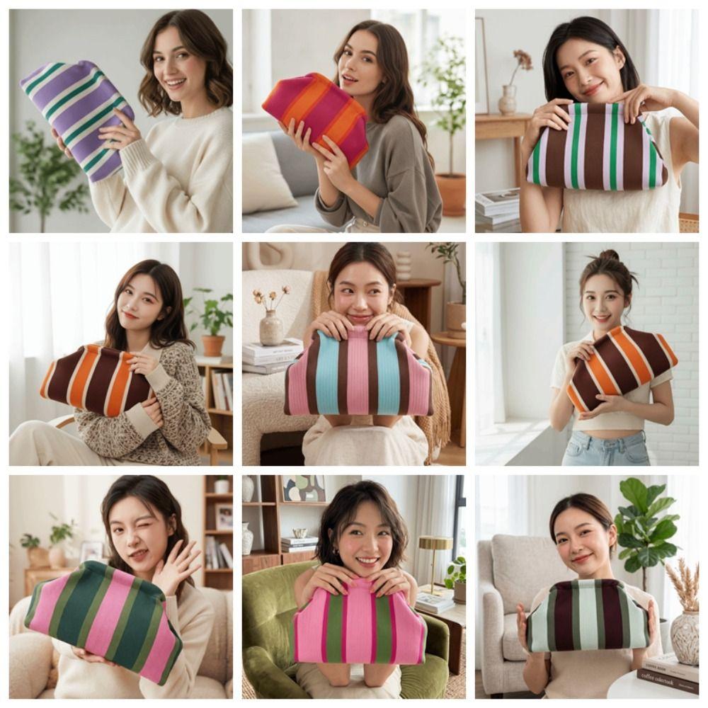 Hasp Closure Striped Bag Soft Texture Cloud Pouch Wrinkled Purse Knit Clutch Fashion Ladies