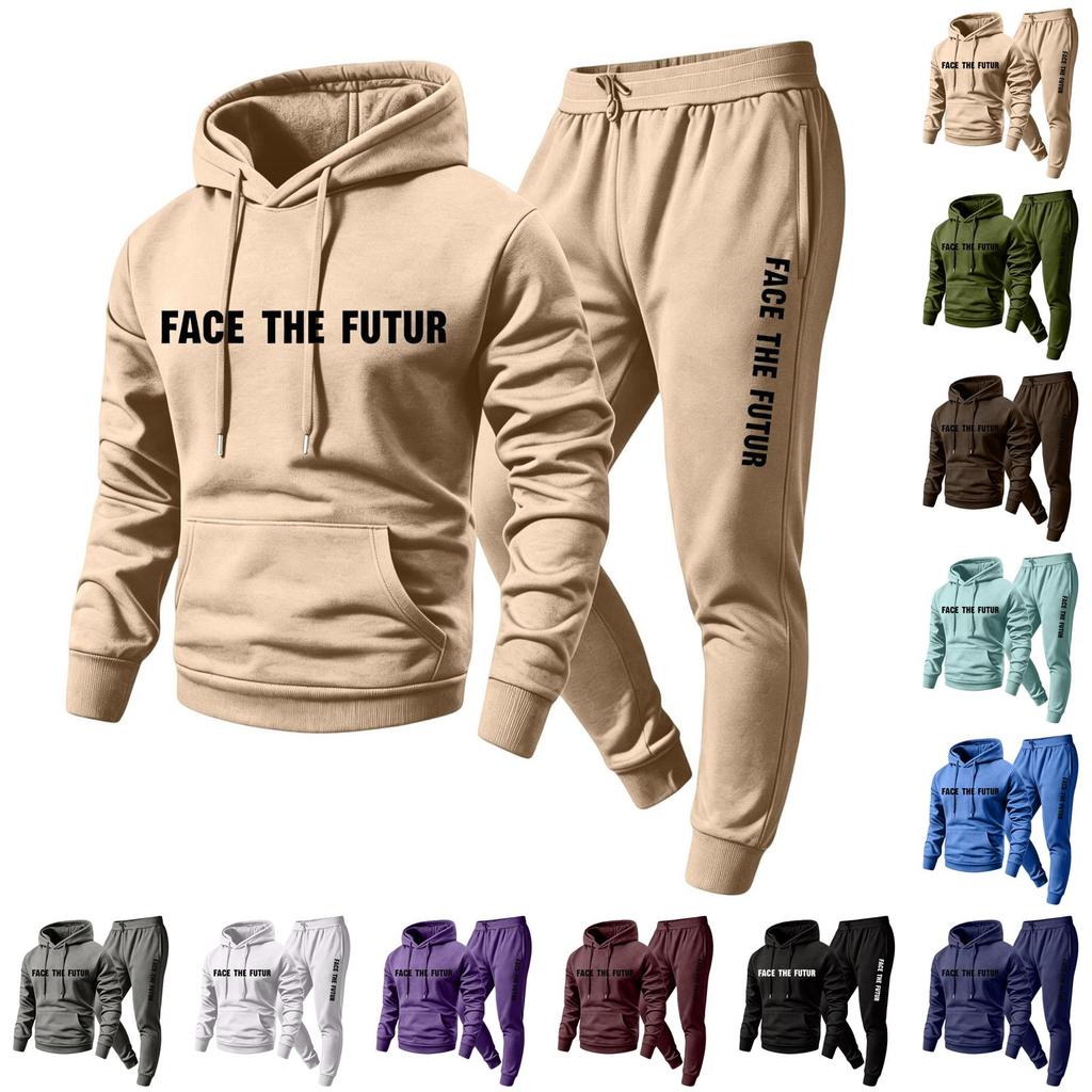 Men's Casual 2 Piece Set Hoodie and Elastic Waist Straight Leg Pants with Fun Letter Print