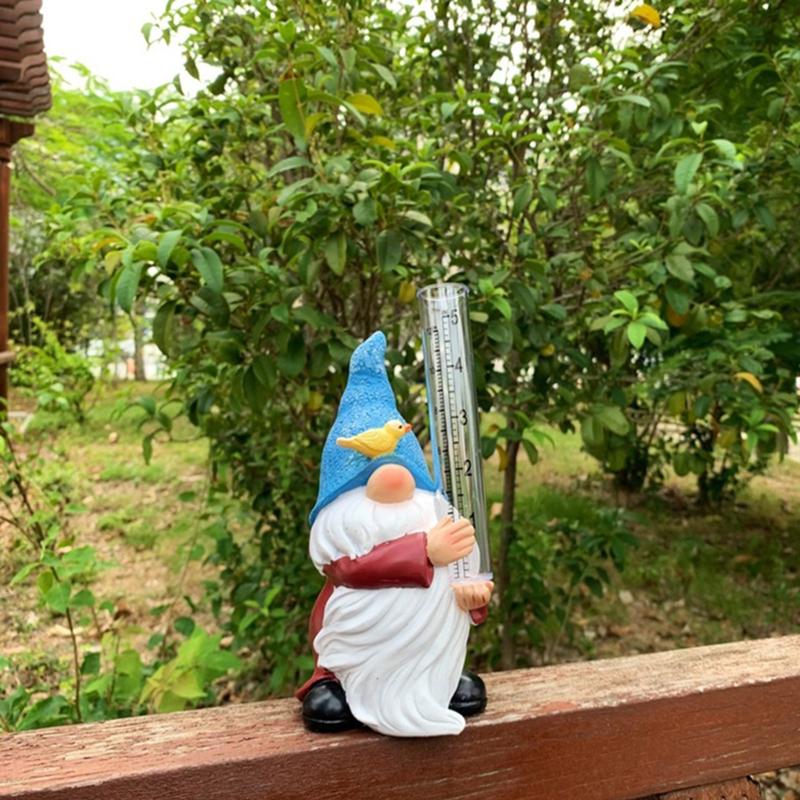 Resin Gnome Rain Gauges, Hand Painted Gnome Sculpture Water Gauge, Gnome Garden Statue With A Plastic Rain Gauge For Yard Fence