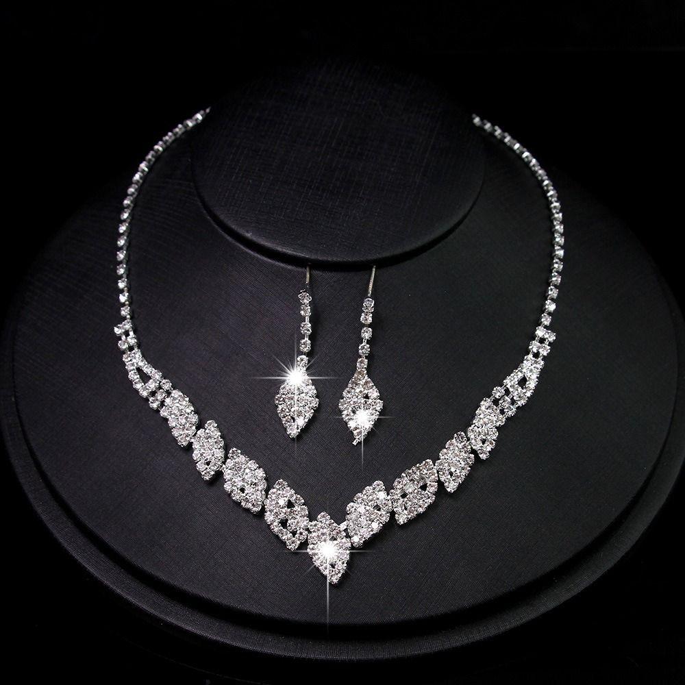 Gift Rhinestone Women Necklace Water Drop Earrings Dangle Earrings Bridal Wedding Jewelry Set