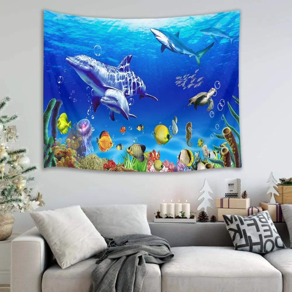 Ocean Dolphin Tapestry Underwater World Tapestry Marine Life Tapestry Wall Hanging For Kids Teen Bedroom Dorm Living Room Decor