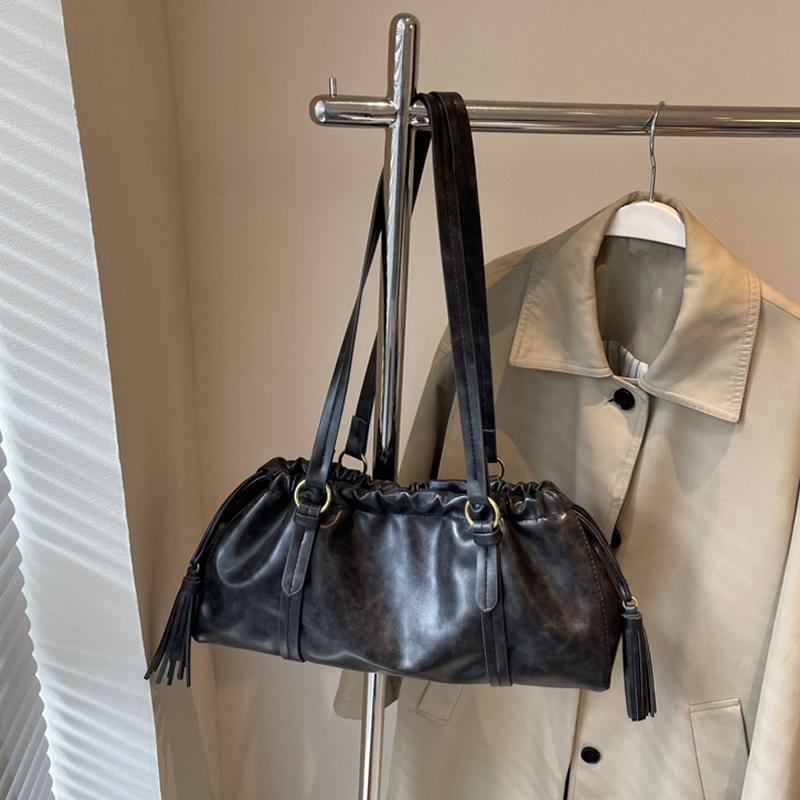 PU Leather Pleated Vintage Tote Bags Buckle Closure Boston Shoulder Bags Large Capacity Women Handbag Luxury Armpit Bag CLE