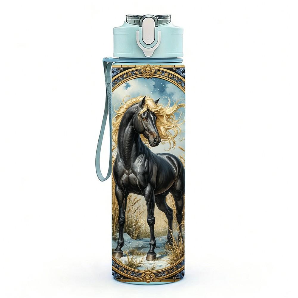 1PC Vintage Horse Antique Oil Painting Style 750ml Color Plastic Sports Water Bottle Leakproof Flip Straw Lid Suitable for Sports Office Home Use