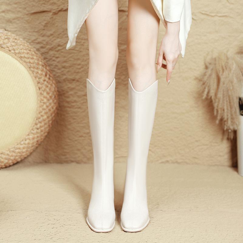 But Knee Boots Women's 2025 New Autumn and Winter High-heeled Thin V-mouth Boots Thick Heel Brown Square Head High Boots