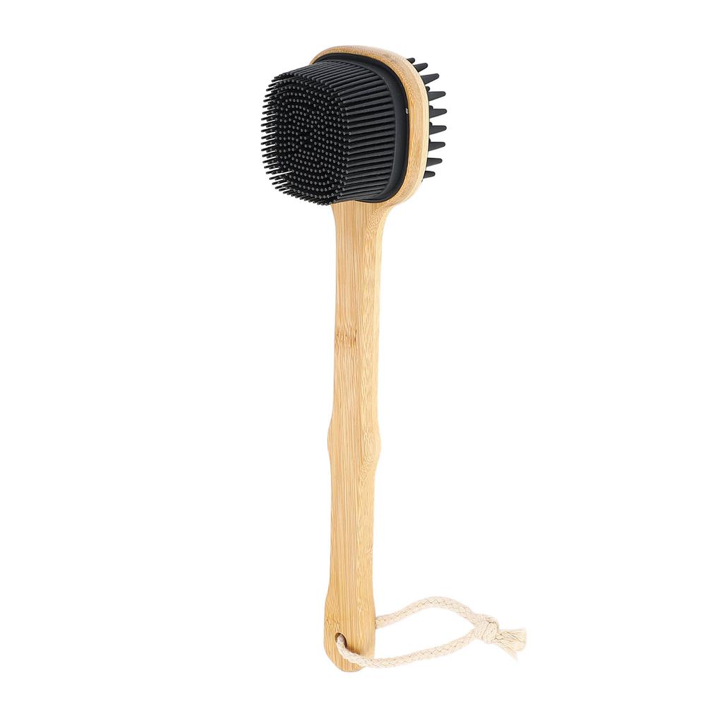 Bath Brush Double Sided Silicone Bristle Shower Brush Bamboo Wood Long Handle Back Scrubber Brush wi