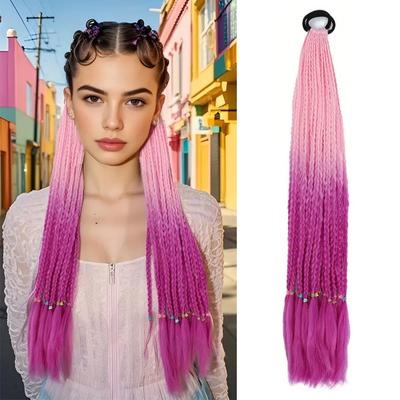 Synthetic Braids Hair Extensions With Rubber Bands Rainbow Braided Hairpieces Ponytail Hair Accessories Tail For Women And Girls