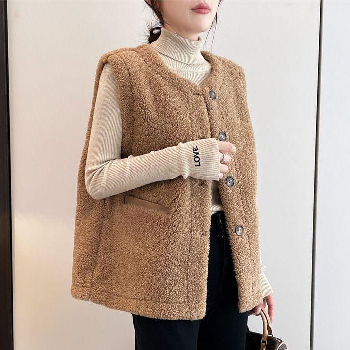 Gilet en laine d'agneau grande taille: Veste sans manches confortable d'automne/hiver pour femmes