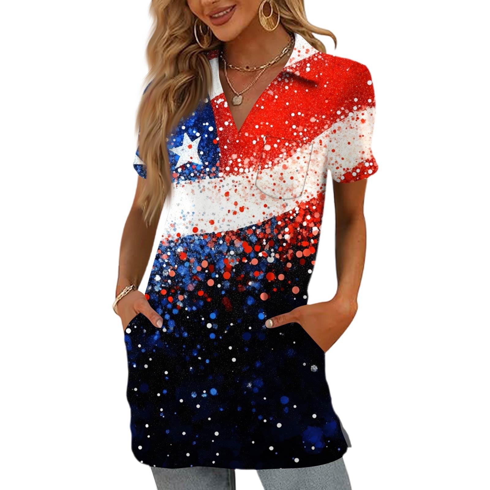 

Women s Summer Fashion Casual Printing V-neck Short-sleeved With Pockets Hem Open Fork Shirt Long Tops M чёрный