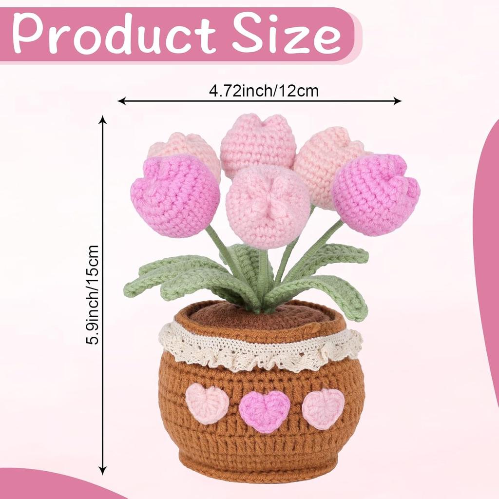 Handmade Potted Crochet Tulip Bouquet, Blush Pink Crocheted Tulips Hand Woven Flowers Knitted Flowers in Exquisite Pot Gift for Women Friends Kids