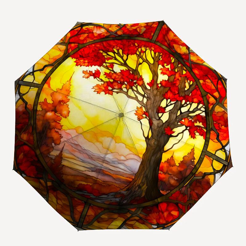 1pc Autumn Tree Stained Automatic Umbrella - Stylish, Durable, with 8-Rib Manual Open Design, Elegant Black Handleyy250920143