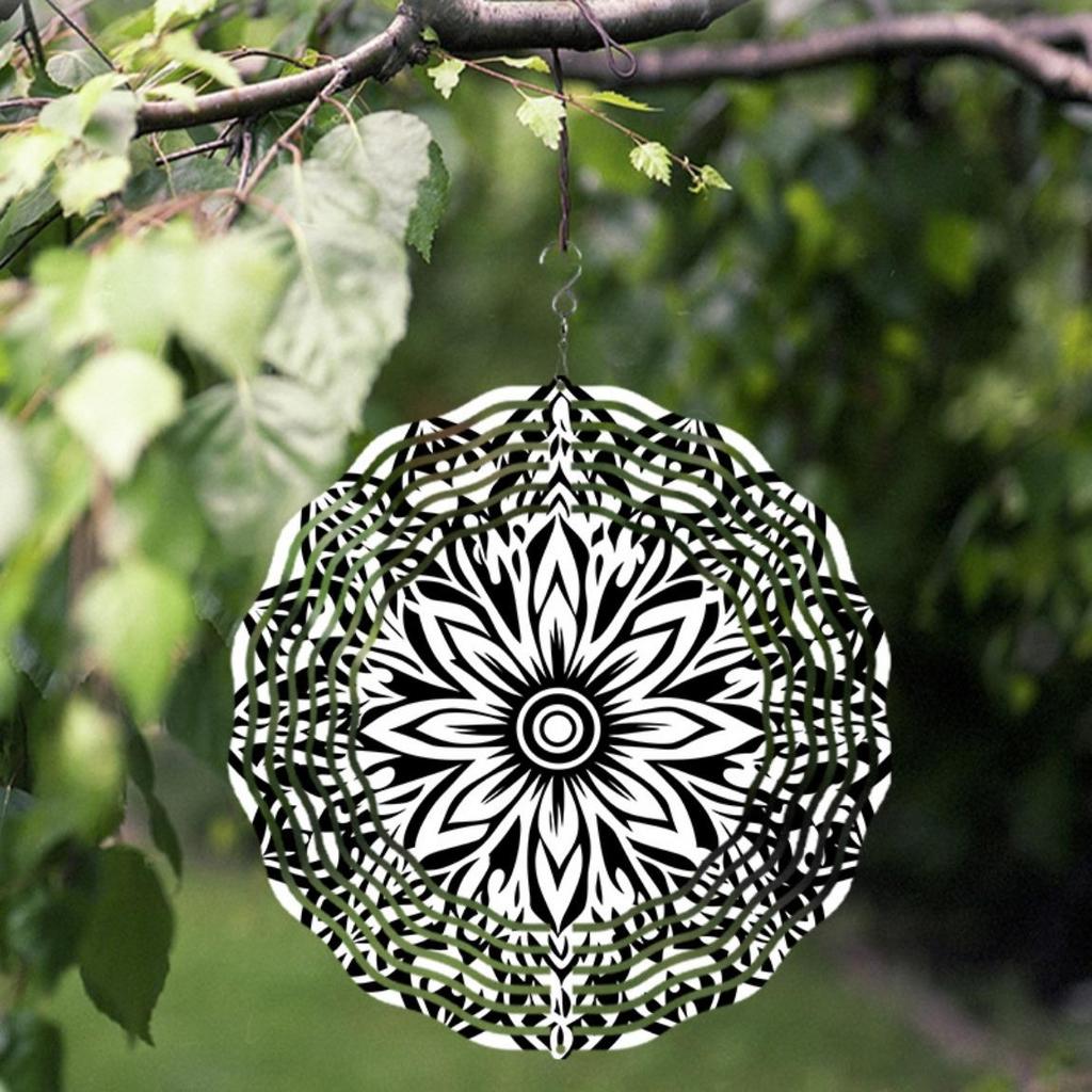 10 Inch Black and White Mandala Wind Spinner Metal Garden Art for Outdoor Decor Patio Porch Balcony Indoor Decor No Electricity Needed