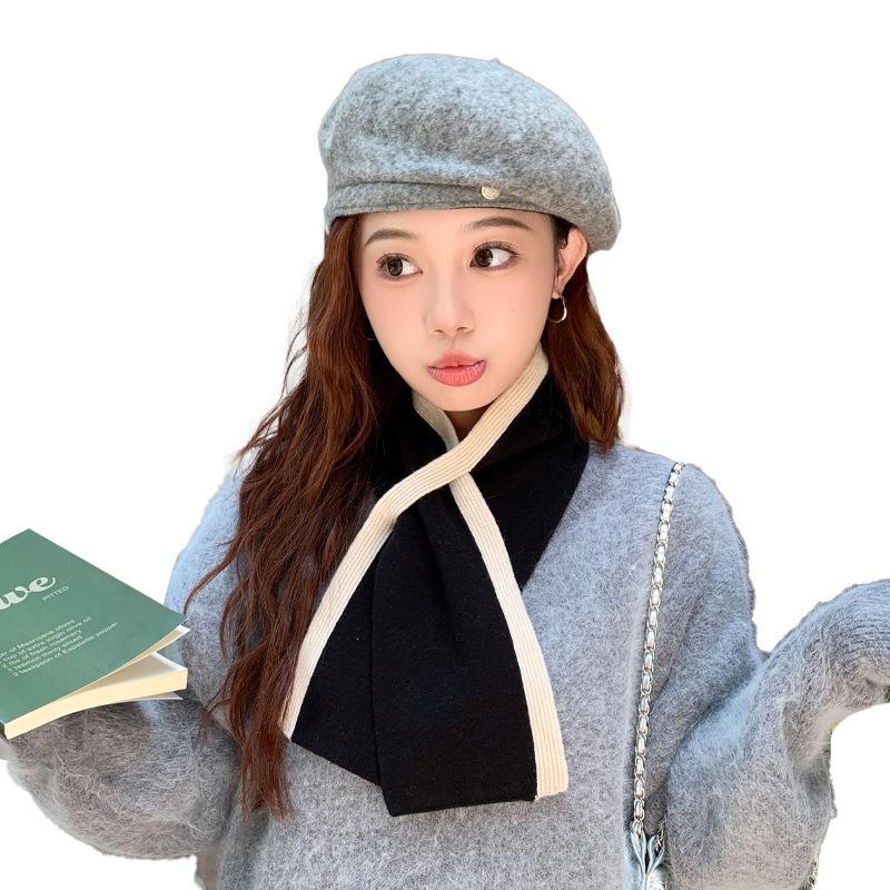 Autumn and Winter Scarf High End New Imitation Wool Short Warm Neck Protection Cross Scarf Woolen Knitted Scarf