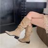 British Style Fashion Looks Thin But Knee High Boots Pleated Stack Sleeve Boots Women's 2025 New Long Boots