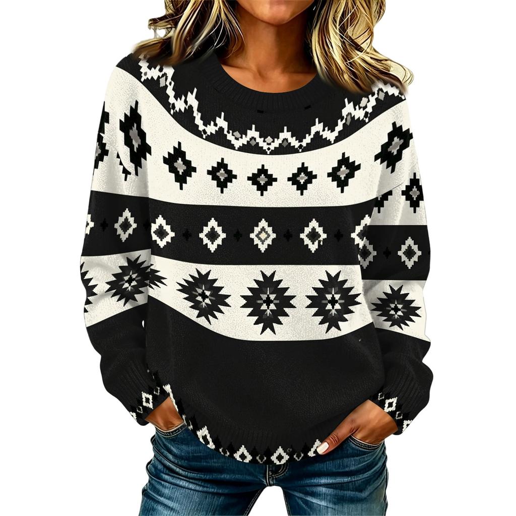Women's Casual Long Sleeve Geometric Print Round Neck Knit Sweater