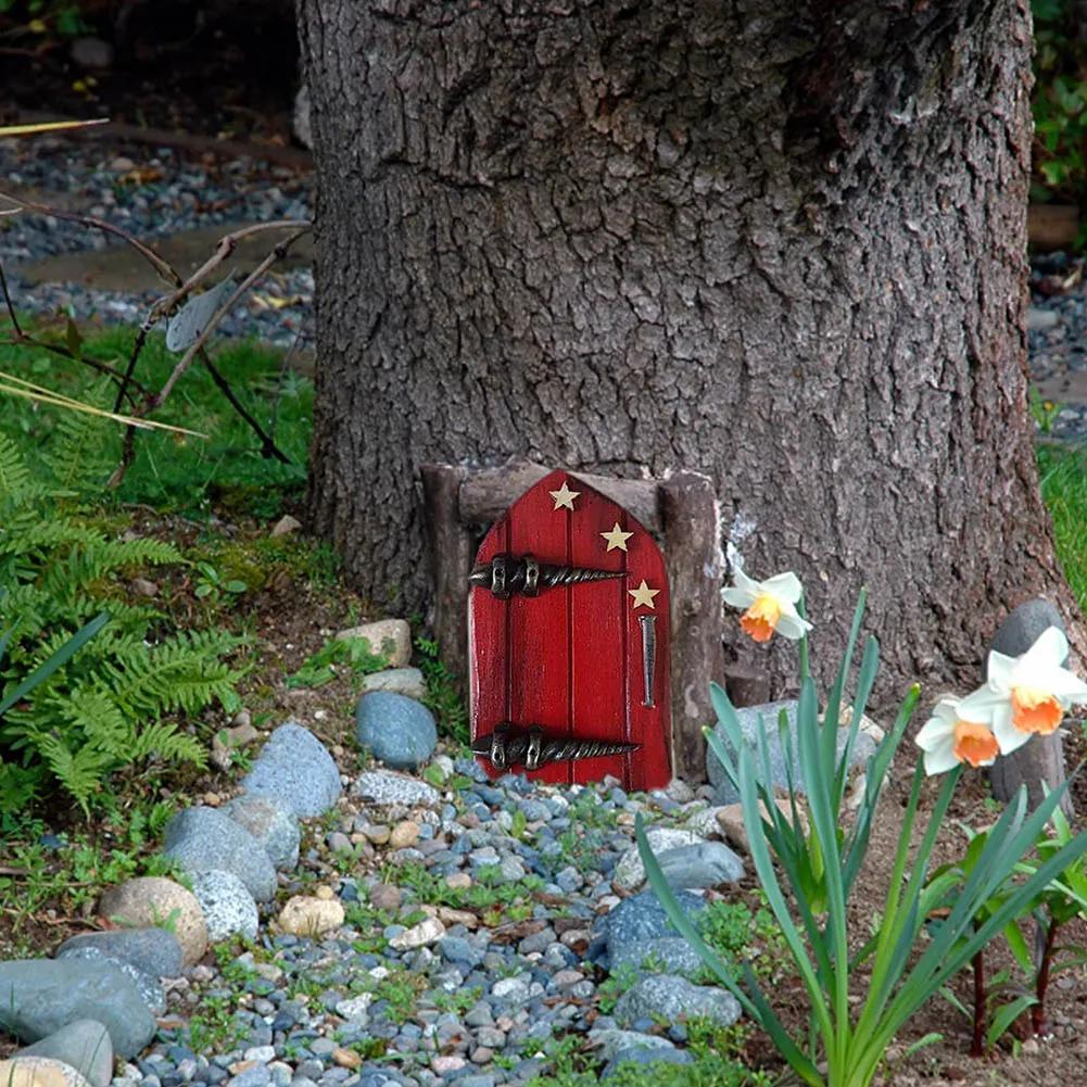 Miniature Fairy Garden Door Wooden Mini Garden Door Elf Door Figurines Wooden Sculpture Trees Garden Decoration Fairy Door